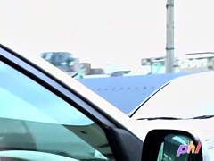 Adventurous pretty bimbo gets sharking experience while walking outside