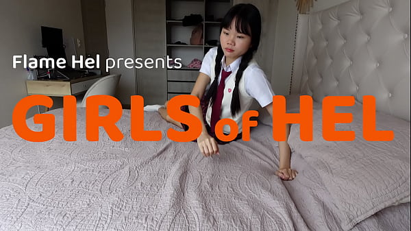 Asian teen plays with her pigtails before masturbating
